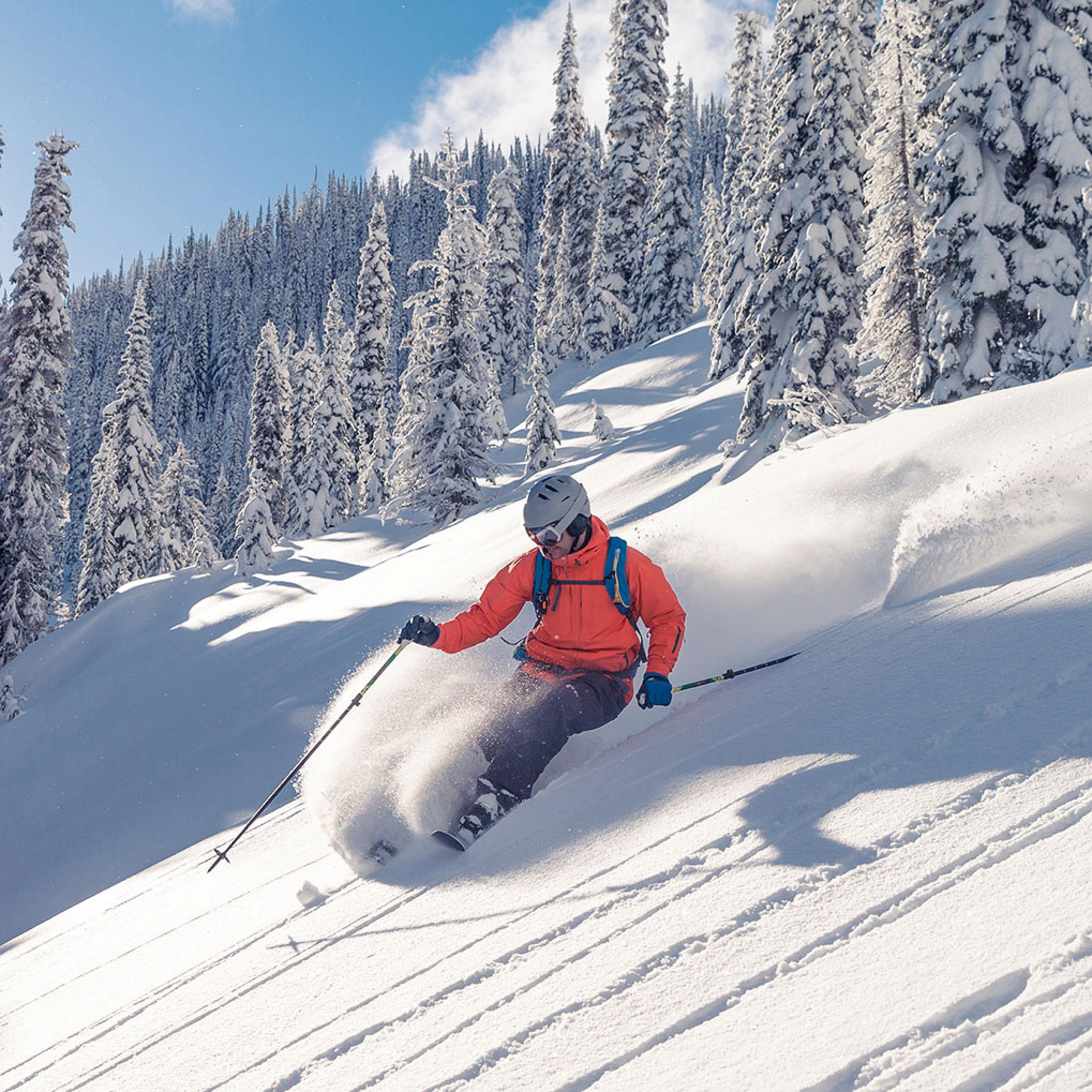 Skier in an orange coat. 